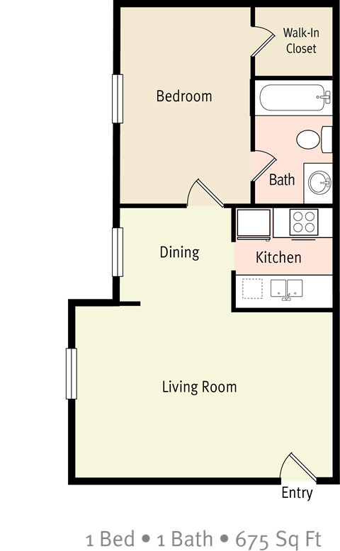 Floor plan for 1 bed, 1 bath, 675 sqft